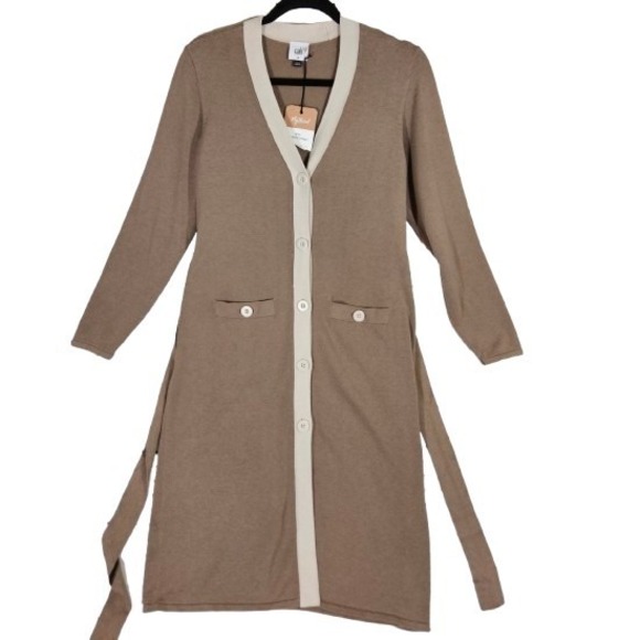CAbi Sweaters - Cabi Sweater Cardigan Sz M Genteel Long Tunic Style #6161 Taupe Tie NEW $175